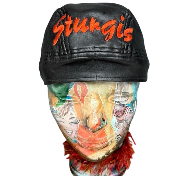 Black Sturgis Faux Leather Tie Back Biker Cap - Adjustable Fit - Picture 3 of 7